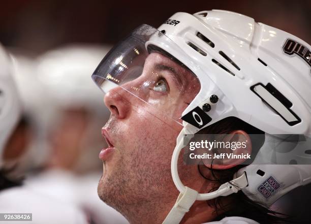 Sam Gagner of the Edmonton Oilers looks on from the bench during their game against the Vancouver Canucks at General Motors Place on October 25, 2009...