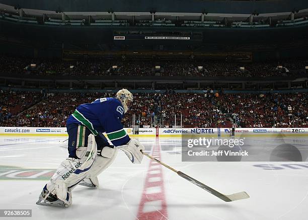 Roberto Luongo of the Vancouver Canucks skates onto the ice during their game against the Edmonton Oilers at General Motors Place on October 25, 2009...