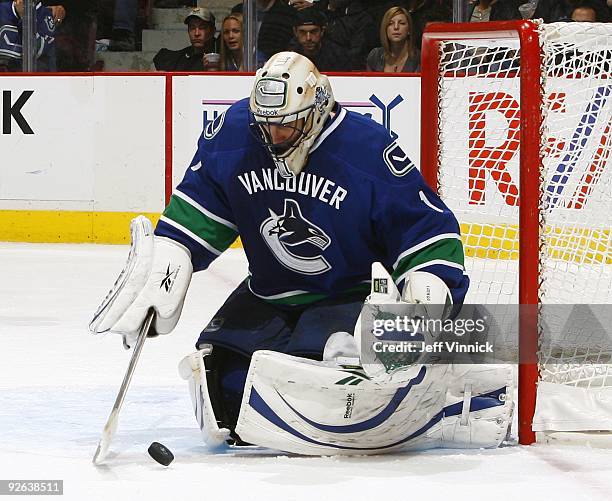 Roberto Luongo of the Vancouver Canucks makes a save during their game against the Edmonton Oilers at General Motors Place on October 25, 2009 in...