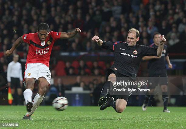 Antonio Valencia of Manchester United scores their third goal during the UEFA Champions League match between Manchester United and CSKA Moscow at Old...