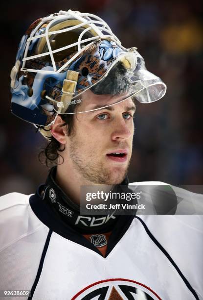 Jeff Deslauriers of the Edmonton Oilers looks on from the bench during their game against the Vancouver Canucks at General Motors Place on October...