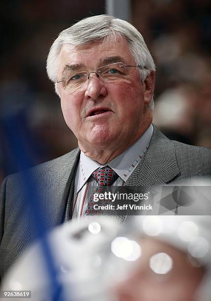 Edmonton Oilers head coach Pat Quinn looks on from the bench during their game against the Vancouver Canucks at General Motors Place on October 25,...