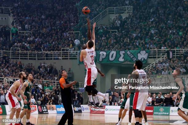 Nikola Milutinov, #11 of Olympiacos Piraeus competes with James Gist, #14 of Panathinaikos Superfoods Athens during the 2017/2018 Turkish Airlines...