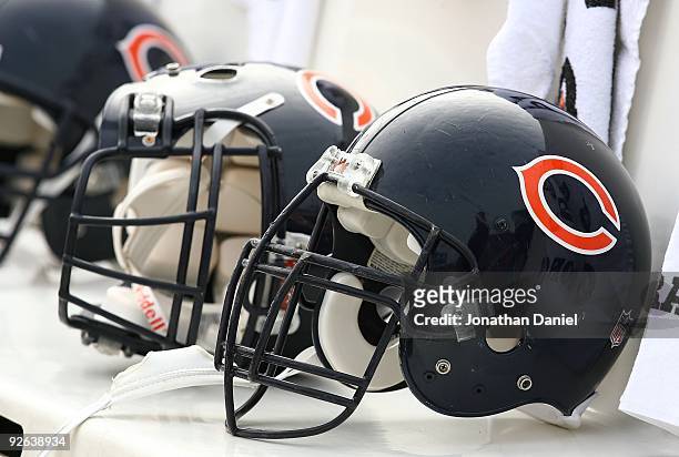 Chicago Bear helmuts rest on the bench before a game between the Bears and the Cleveland Browns at Soldier Field on November 1, 2009 in Chicago,...