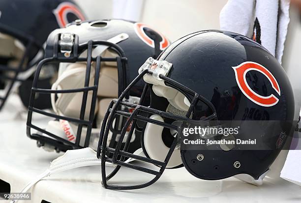 Chicago Bear helmuts rest on the bench before a game between the Bears and the Cleveland Browns at Soldier Field on November 1, 2009 in Chicago,...