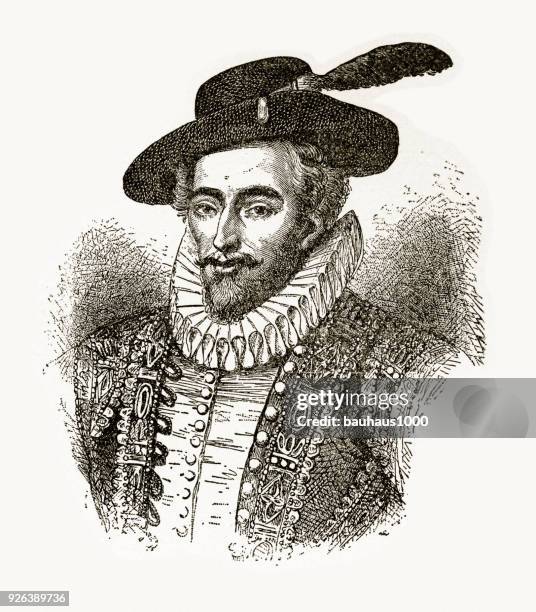 sir walter raleigh, 1540-1596, engraving - pilot uniform stock illustrations