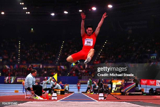 Yuhao Shi of China competes in the Long Jump Mens Final during the IAAF World Indoor Championships on Day Two at Arena Birmingham on March 2, 2018 in...