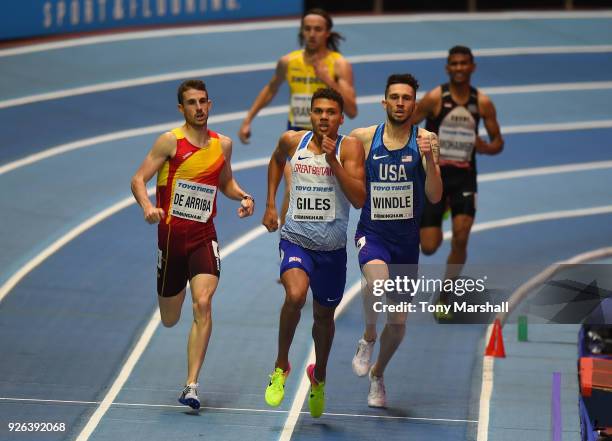 Alvaro De Arriba of Spain edges out Elliot Giles of Great Britain to win their heat of the Men's 800m during Day Two of the IAAF World Indoor...