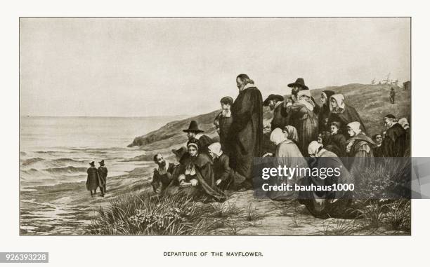 departure of the mayflower engraving - mayflower pilgrim stock illustrations