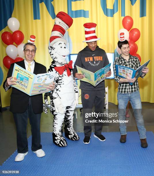 Author Chris Grabenstein, The Cat In The Hat, former professional basketball player John Starks, and actor Justin Long attend Read Across America Day...