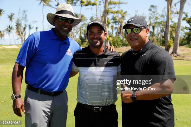 Former Major League Baseball player Carlos Delgado, PGA TOUR golfer Rafa Campos, and former Major League Baseball player Carlos Baerga pose for a...