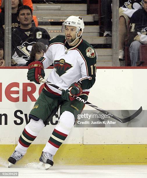 Petr Sykora of the Minnesota Wild skates against the Pittsburgh Penguins at Mellon Arena on October 31, 2009 in Pittsburgh, Pennsylvania. Minnesota...