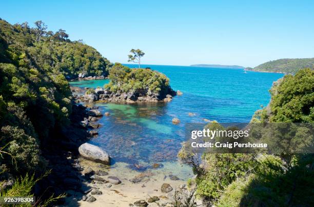 crystal clear water and rocky islet in halfmoon bay. - stewart island stock-fotos und bilder