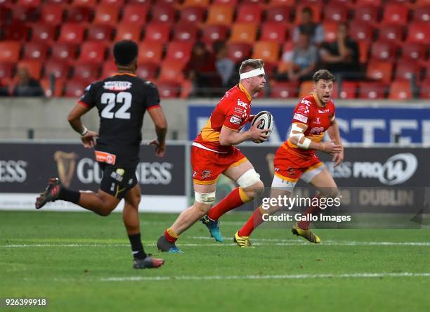 Ball carrier Aaron Wainwright of Gwent Dragons in action during the Guinness Pro14 match between Southern Kings and Newport Gwent Dragons at Nelson...