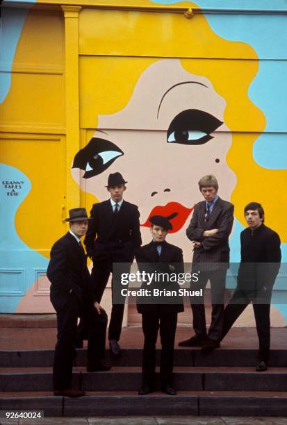 Photo of PURPLE GANG ; Posed group portrait - The Purple Gang outside the shop 'Granny Takes a Trip' in Chelsea, L-R Joe Beard, Peter Walker, Geoff...