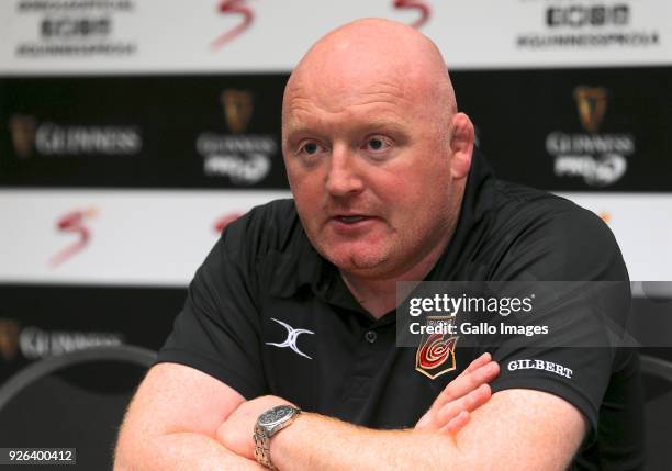 Bernard Jackman, Head coach, of Newport Gwent Dragons speaks at the press conference after the Guinness Pro14 between Southern Kings and Newport...