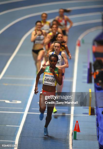 Genzebe Dibaba of Ethiopia leads in her Women's 800m heat from Laura Muir of Great Britain during Day Two of the IAAF World Indoor Championships at...