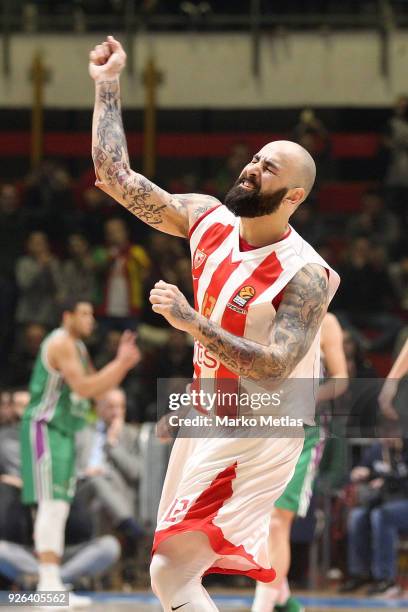 Pero Antic, #12 of Crvena Zvezda mts Belgrade in action during the 2017/2018 Turkish Airlines EuroLeague Regular Season Round 24 game between Crvena...