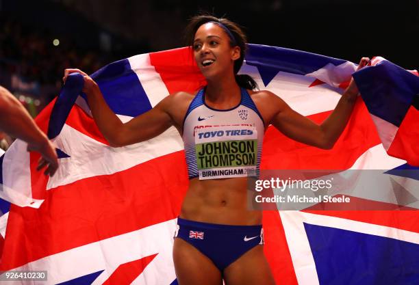 Katarina Johnson-Thompson of Great Britain reacts after winning the 800 Metres Womens Pentathlon during the IAAF World Indoor Championships on Day...