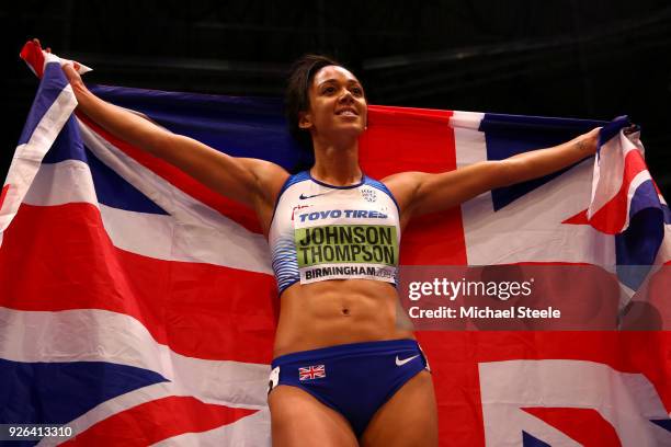 Katarina Johnson-Thompson of Great Britain celebrates after winning the 800 Metres Womens Pentathlon during the IAAF World Indoor Championships on...