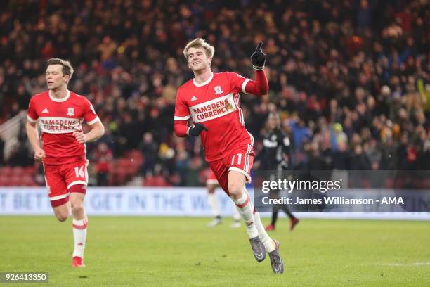 Patrick Bamford of Middlesbrough celebrates after scoring a goal to make it 1-0 during the Sky Bet Championship match between Middlesbrough and Leeds...