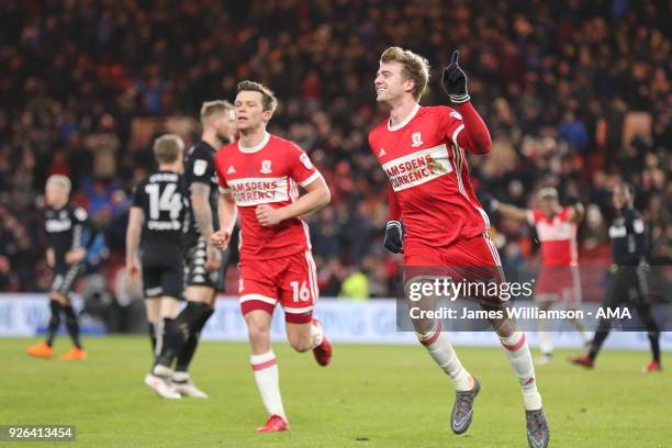 Patrick Bamford of Middlesbrough celebrates after scoring a goal to make it 1-0 during the Sky Bet Championship match between Middlesbrough and Leeds...