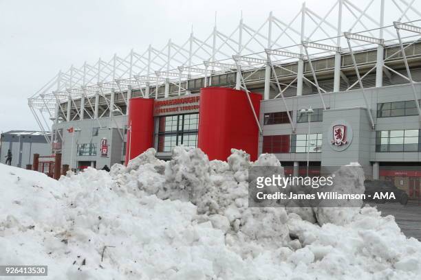 Snow piled up around the Riverside Stadium home of Middlesbrough prior to the Sky Bet Championship match between Middlesbrough and Leeds United at...