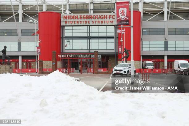 Snow piled up around the Riverside Stadium home of Middlesbrough prior to the Sky Bet Championship match between Middlesbrough and Leeds United at...