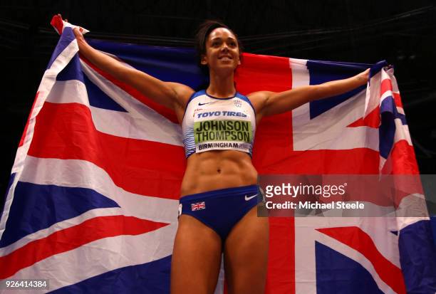 Katarina Johnson-Thompson of Great Britain celebrates after winning the 800 Metres Womens Pentathlon during the IAAF World Indoor Championships on...