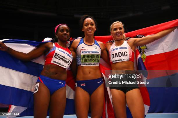 Yorgelis Rodríguez of Cuba, Katarina Johnson-Thompson of Great Britain and Ivona Dadic of Austria celebrates after the 800 Metres Womens Pentathlon...