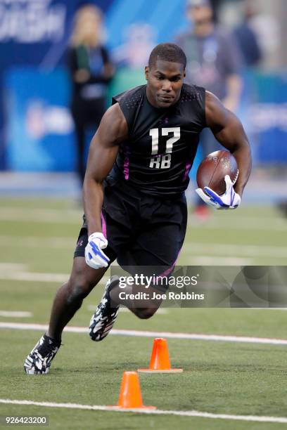 Auburn running back Kerryon Johnson in action during the 2018 NFL Combine at Lucas Oil Stadium on March 2, 2018 in Indianapolis, Indiana.