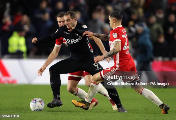 Leeds United's Pierre-Michel Lasogga runs through the Middlesbrough players during the Sky Bet Championship match at the Riverside Stadium,...