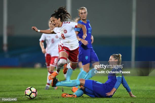Nadia Nadim of Denmark competes for the ball with Kelly Zeeman of Holland during the Women's Algarve Cup Tournament match between Denmark and Holland...