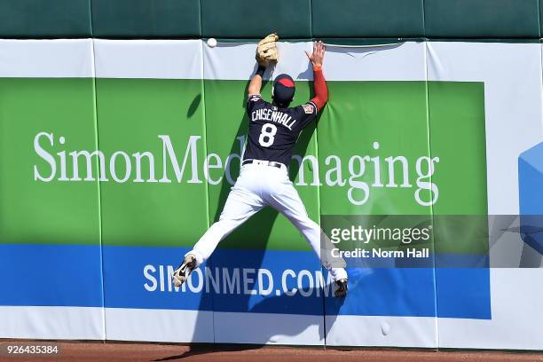 Lonnie Chisenhall of the Cleveland Indians collides with the right field wall while attempting to make a leaping catch on a double hit by Roughned...