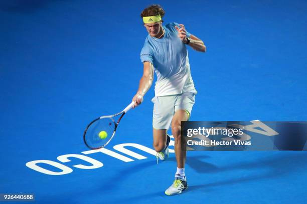 Alexander Zverev of Germany takes a forehand shot during the match between Ryan Harrison of USA and Alexander Zverev of Germany as part of the Telcel...