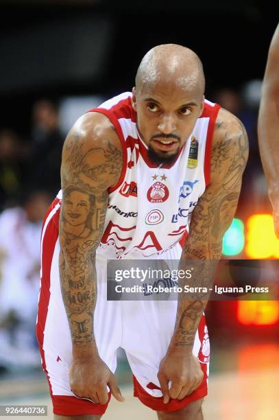 Jordan Theodore of EA7 looks over during the match quarter final of Coppa Italia between Olimpia EA7 Armani Milano and Mia Red Octiber Cantu at...