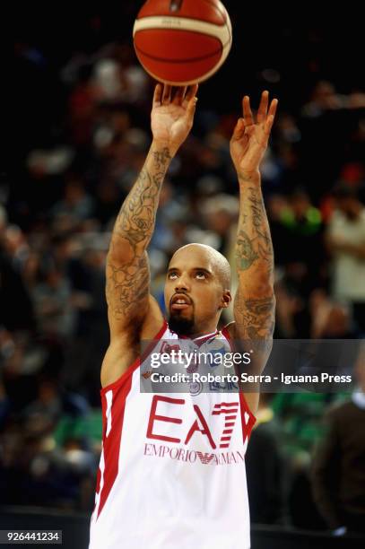 Jordan Theodore of EA7 in action during the match quarter final of Coppa Italia between Olimpia EA7 Armani Milano and Mia Red Octiber Cantu at...