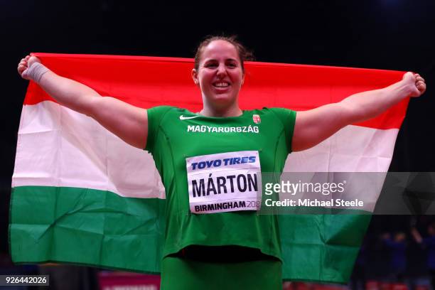 Anita Marton of Hungary celebrates after winning the Shot Put Womens Final during the IAAF World Indoor Championships on Day Two at Arena Birmingham...