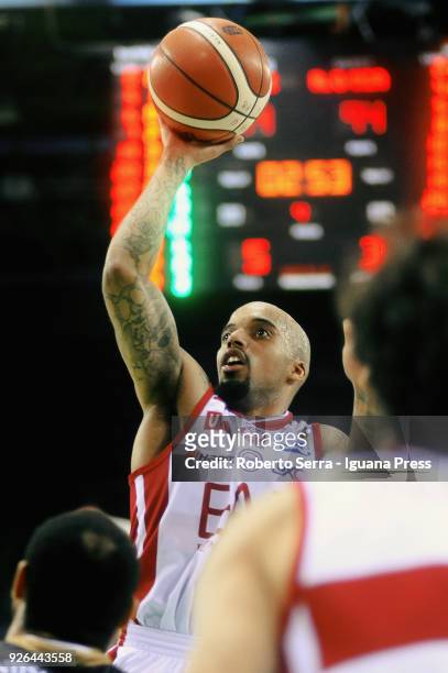 Jordan Theodore of EA7 competes with Jeremy Chappell of MIA during the match quarter final of Coppa Italia between Olimpia EA7 Armani Milano and Mia...