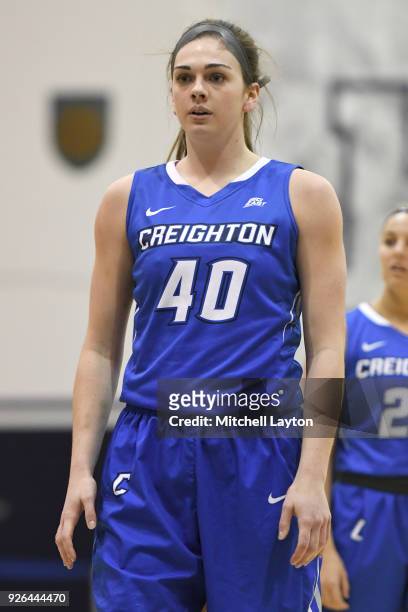 Ali Greene of the Creighton Bluejays looks on during a woman's college basketball game against the Georgetown Hoyas at McDonough Arena on February...