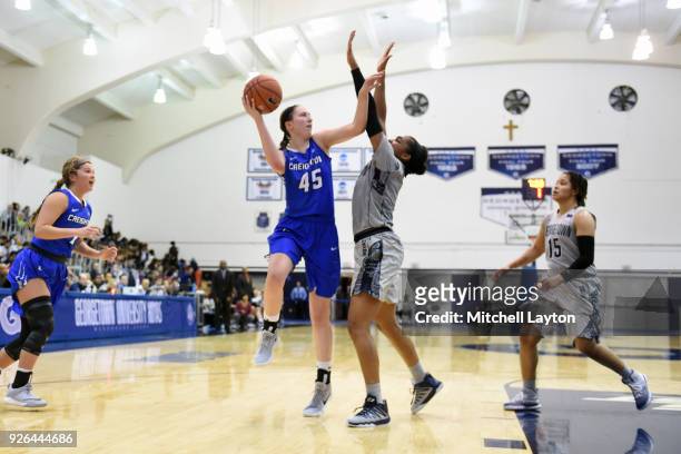 Ali Greene of the Creighton Bluejays takes a shot during a woman's college basketball game against the Georgetown Hoyas at McDonough Arena on...