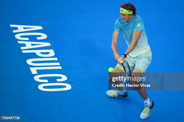 Alexander Zverev of Germany takes a backhand shot during the match between Ryan Harrison of USA and Alexander Zverev of Germany as part of the Telcel...