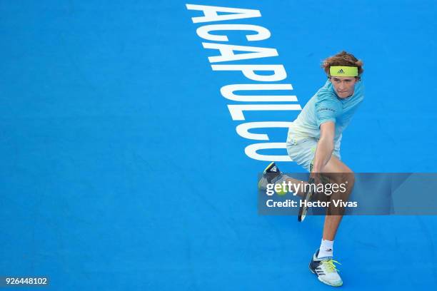 Alexander Zverev of Germany takes a backhand shot during the match between Ryan Harrison of USA and Alexander Zverev of Germany as part of the Telcel...