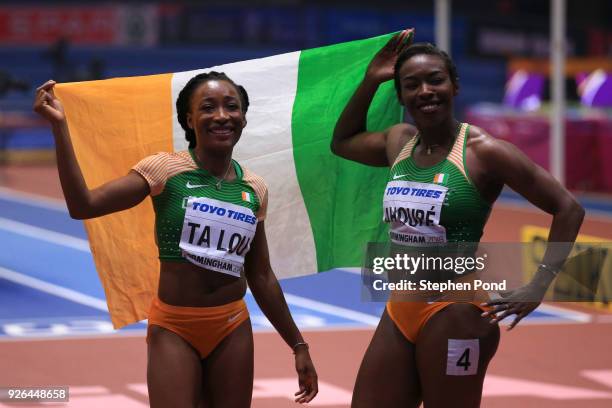 Murielle Ahoure and Marie-Josee Ta Lou of Cote D'Ivoire celebrates after the 60 Metres Womens Final during the IAAF World Indoor Championships on Day...