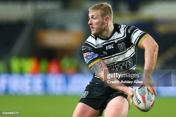 Jordan Abdull of Hull FC prepares to pass the ball during the BetFred Super League match between Hull FC and Warrington Wolves at KCOM Stadium on...