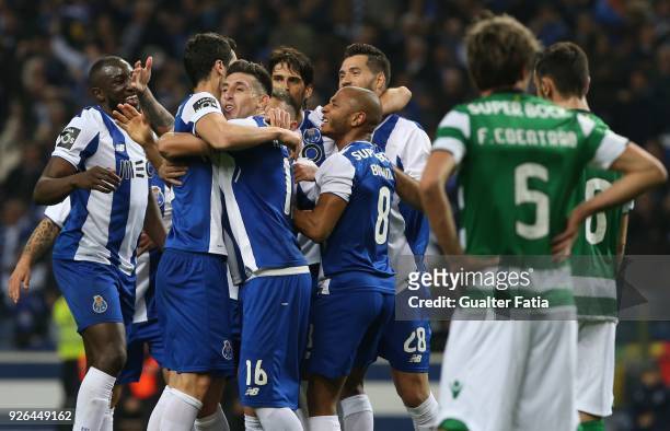Porto defender Ivan Marcano from Spain celebrates with teammates after scoring a goal during the Primeira Liga match between FC Porto and Sporting CP...