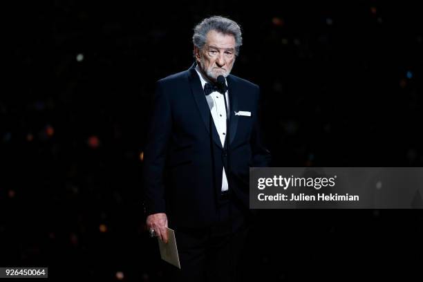 Eddy Mitchell poses on stage during the Cesar Film Awards 2018 at Salle Pleyel on March 2, 2018 in Paris, France.