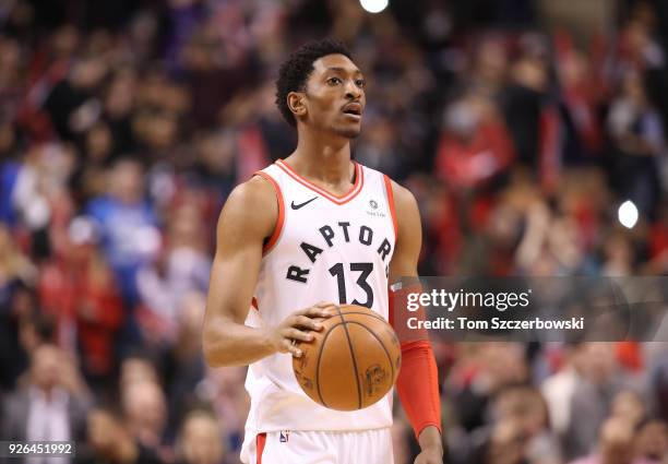 Malcolm Miller of the Toronto Raptors dribbles against the Detroit Pistons at Air Canada Centre on February 26, 2018 in Toronto, Canada. NOTE TO...