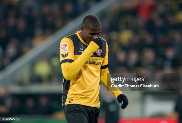 Peniel Mlapa of Dresden reacts during the Second Bundesliga match between SG Dynamo Dresden and SV Darmstadt 98 at DDV-Stadion on March 2, 2018 in...