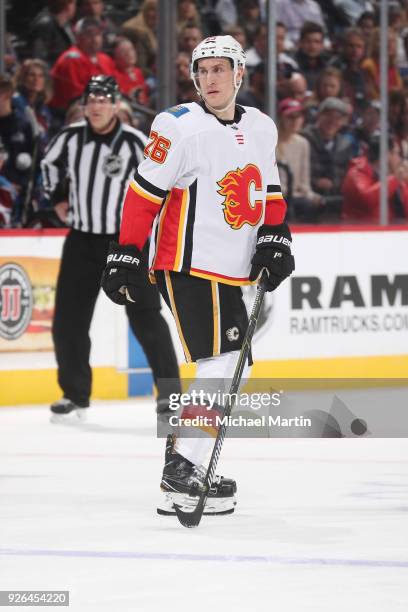 Michael Stone of the Calgary Flames skates against the Colorado Avalanche at the Pepsi Center on February 28, 2018 in Denver, Colorado.